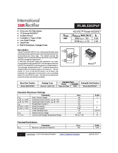 Infineon Technologies IRLML5203PBF MOSFET 1 P-kanaal 1.25 W SOT-23