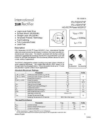 Infineon Technologies IRLR024NPBF-GURT MOSFET 1 N-kanaal 45 W TO-252AA
