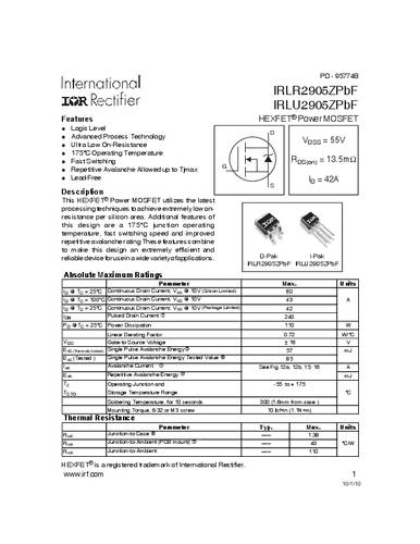 Infineon Technologies IRLR2905ZPBF-GURT MOSFET 1 N-kanaal 110 W TO-252AA
