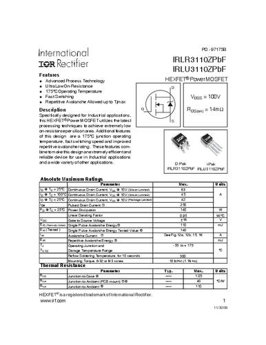 Infineon Technologies IRLR3110ZPBF-GURT MOSFET 1 N-kanaal 140 W TO-252AA