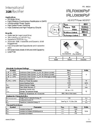 Infineon Technologies IRLR3636PBF-GURT MOSFET 1 N-kanaal 143 W TO-252AA