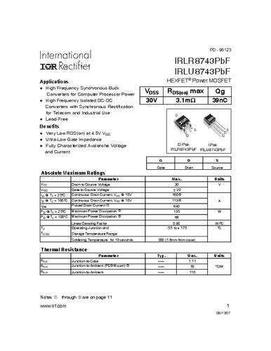 Infineon Technologies IRLR8743PBF-GURT MOSFET 1 N-kanaal 135 W TO-252AA