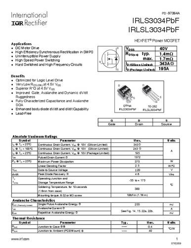 Infineon Technologies IRLS3034PBF-GURT MOSFET 1 N-kanaal 375 W D2PAK