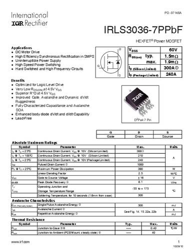 Infineon Technologies IRLS3036-7PBF-GURT MOSFET 1 N-kanaal 380 W D2PAK