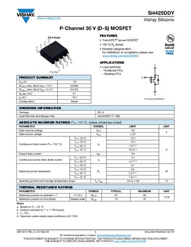 Vishay SI4425DDY-T1-GE3 MOSFET 1 P-kanaal 5.7 W SOIC-8 Tape on Full reel