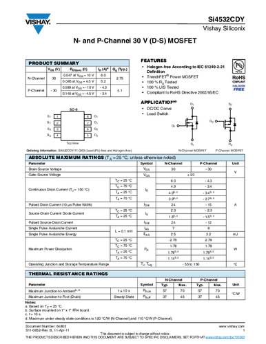 Vishay SI4532CDY-T1-GE3 MOSFET 2 N-kanaal, P-kanaal 1.78 W SOIC-8 Tape on Full reel