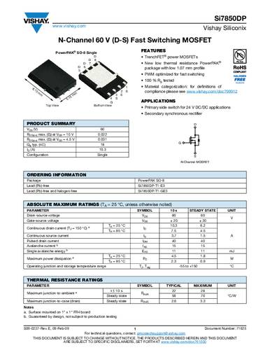 Vishay SI7850DP-T1-GE3 MOSFET 1 N-kanaal 1.8 W PowerPAK-SO-8 Tape on Full reel