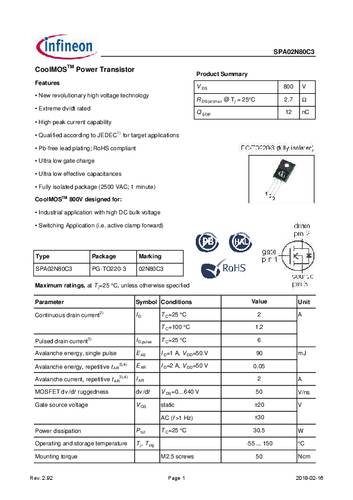 Infineon Technologies SPA02N80C3 MOSFET 1 N-kanaal 30.5 W TO-220-FULLPAK