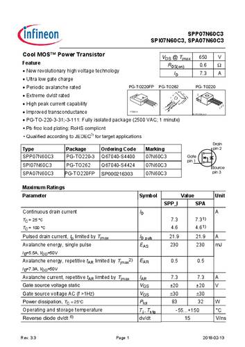 Infineon Technologies SPA07N60C3 MOSFET 1 N-kanaal 32 W TO-220-FULLPAK