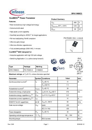 Infineon Technologies SPA11N80C3 MOSFET 1 N-kanaal 34 W TO-220-FULLPAK