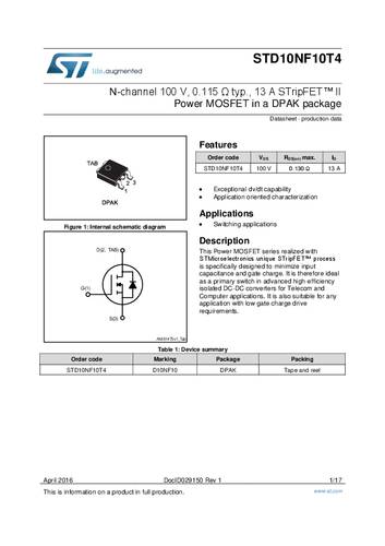 STMicroelectronics STD10NF10T4 MOSFET 1 N-Kanal 50W TO-252