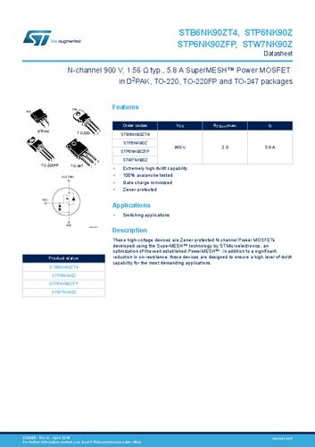 STMicroelectronics STP6NK90ZFP MOSFET 1 N-Kanal 30W TO-220FP