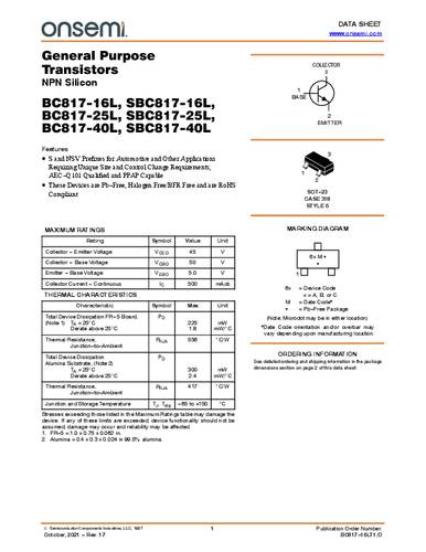 ON Semiconductor Transistor (BJT) - discreet BC817-40LT1G SOT-23 NPN Tape on Full reel