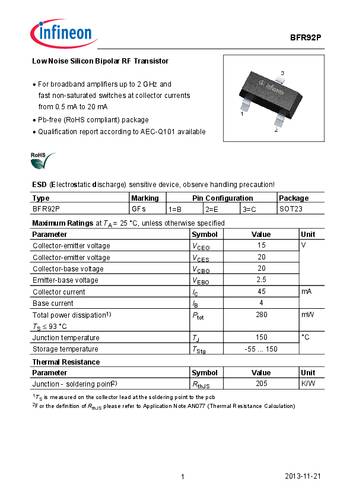 Infineon Technologies Transistor (BJT) - discreet BFR92PE6327HTSA1 SOT-23 NPN Tape on Full reel