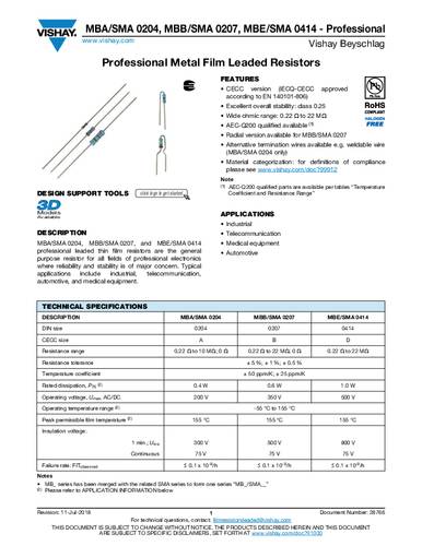 Vishay MBA02040C2203FCT00 Metallschicht-Widerstand 220kΩ axial bedrahtet 0.40W 1% Tape