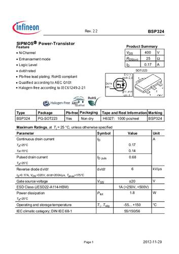 Infineon Technologies BSP324 MOSFET 1 N-kanaal 1.8 W SOT-223