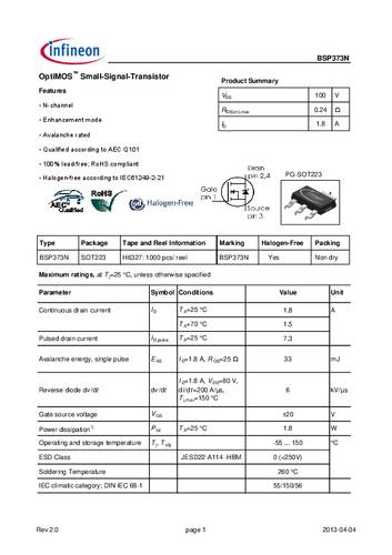 Infineon Technologies BSP373N MOSFET 1 N-kanaal 1.8 W SOT-223