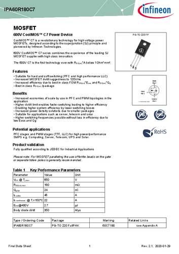 Infineon Technologies IPA60R180C7 MOSFET 1 N-kanaal 29 W TO-220-FULLPAK