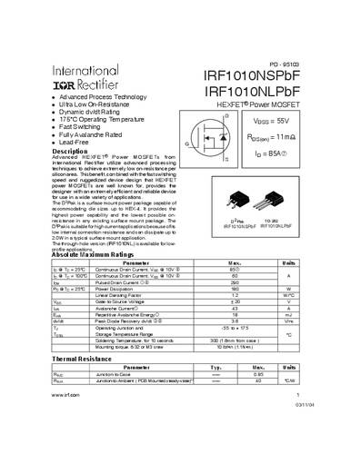 Infineon Technologies IRF1010NSPBF-GURT MOSFET 1 N-kanaal 180 W D2PAK