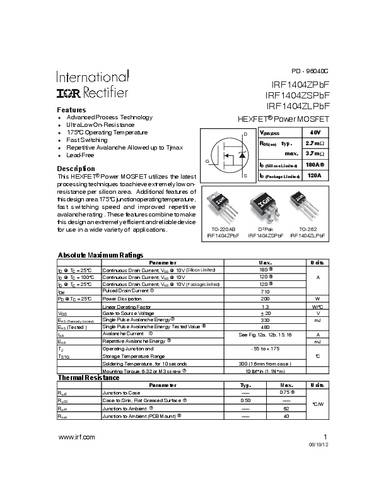 Infineon Technologies IRF1404ZSPBF-GURT MOSFET 1 N-kanaal 200 W D2PAK