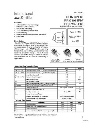 Infineon Technologies IRF3710ZSPBF-GURT MOSFET 1 N-kanaal 160 W D2PAK