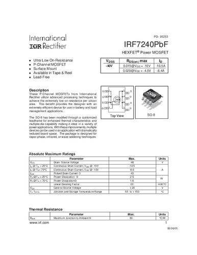 Infineon Technologies IRF7240PBF-GURT MOSFET 1 P-kanaal 2.5 W SO-8