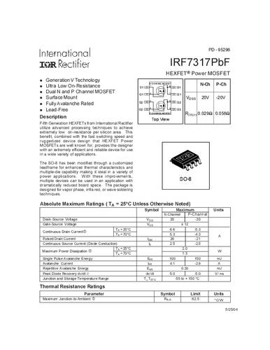 Infineon Technologies IRF7317PBF-GURT MOSFET 2 N-kanaal, P-kanaal 2.0 W SO-8