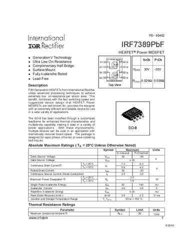 Infineon Technologies IRF7389PBF-GURT MOSFET 2 N-kanaal, P-kanaal 2.5 W SO-8