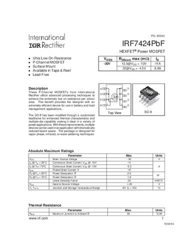 Infineon Technologies IRF7424PBF-GURT MOSFET 1 P-kanaal 2.5 W SO-8