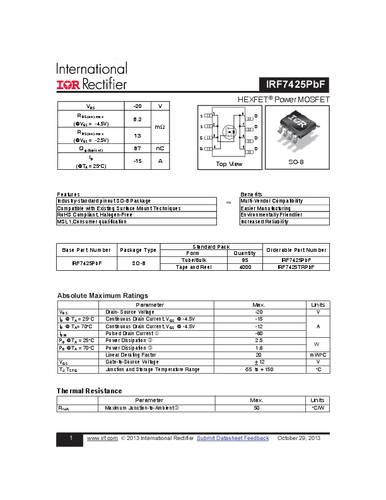Infineon Technologies IRF7425PBF-GURT MOSFET 1 P-kanaal 2.5 W SO-8