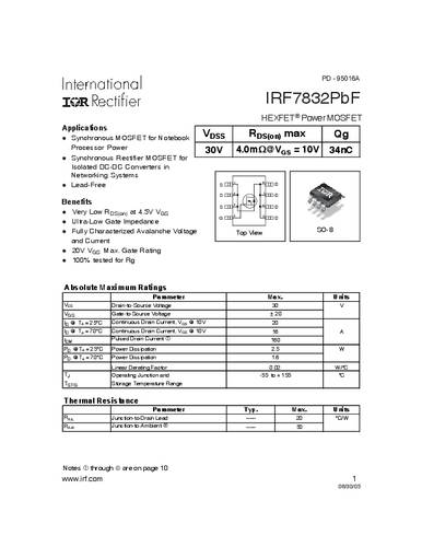 Infineon Technologies IRF7832PBF-GURT MOSFET 1 N-kanaal 2.5 W SO-8