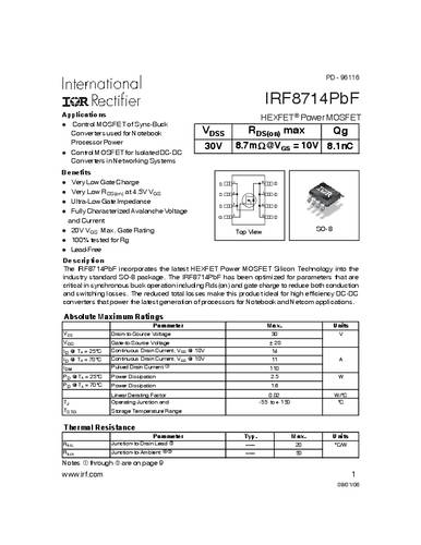 Infineon Technologies IRF8714PBF-GURT MOSFET 1 N-kanaal 2.5 W SO-8
