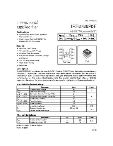 infineontechnologies Infineon Technologies IRF8788PBF-GURT MOSFET 1 N-Kanal 2.5W SO-8
