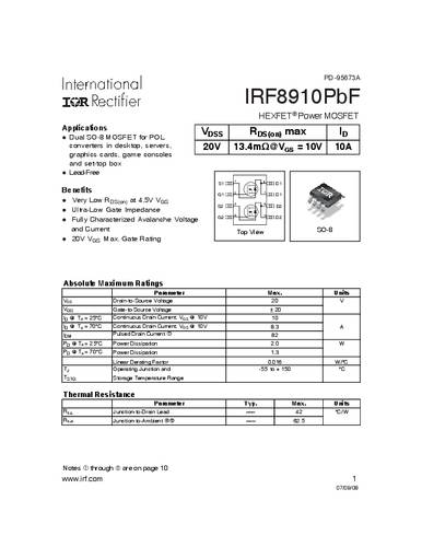 Infineon Technologies IRF8910PBF-GURT MOSFET 1 N-kanaal 2.0 W SO-8