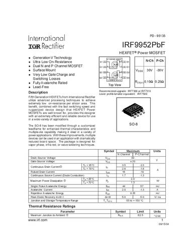 Infineon Technologies IRF9952PBF-GURT MOSFET 2 N-kanaal, P-kanaal 2.0 W SO-8
