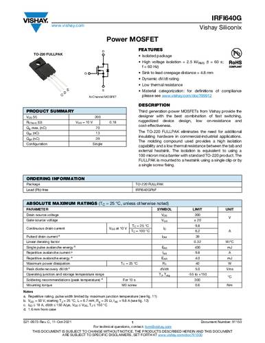 Vishay IRFI640GPBF MOSFET 1 N-Kanal 40W TO-220-FULLPAK Tube