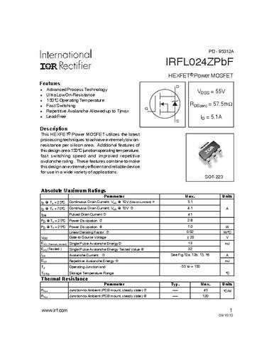 Infineon Technologies IRFL024ZPBF-GURT MOSFET 1 N-kanaal 2.8 W SOT-223