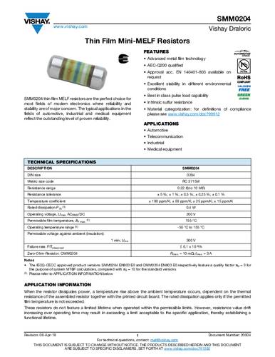 Vishay SMM02040C3008FB300 Thin Film weerstand 3.3 Ω SMD 0.25 W 0.01 % 1 stuk(s) Tape