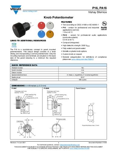 Vishay P16NP104MAB15 Draaipotmeter 1 W 100 kΩ 1 stuk(s)
