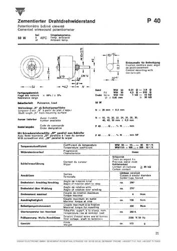 Vishay P40 50 22R 10% AGX Draht-Potentiometer 50W 0.022kΩ 1St.
