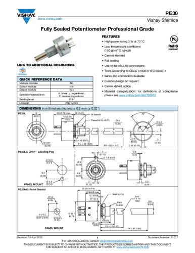 Vishay PE30L0FR102MAB Precisiepotmeter 3 W 1 kΩ 1 stuk(s)