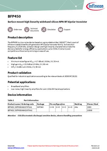 infineontechnologies Infineon Technologies Transistor (BJT) - diskret BFP450H6327XTSA1 SOT-343 NPN Tape on Full reel