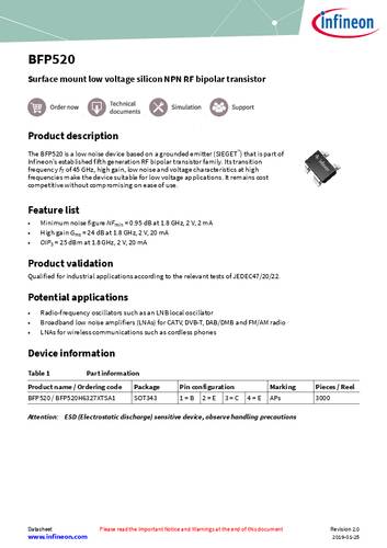 infineontechnologies Infineon Technologies Transistor (BJT) - diskret BFP520H6327XTSA1 SOT-343 NPN Tape on Full reel