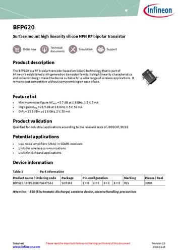 infineontechnologies Infineon Technologies Transistor (BJT) - diskret BFP620H7764XTSA1 SOT-343 NPN Tape on Full reel