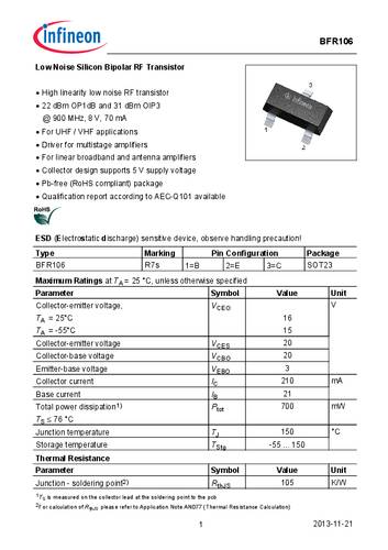 Infineon Technologies Transistor (BJT) - discreet BFR106E6327HTSA1 SOT-23 NPN Tape on Full reel