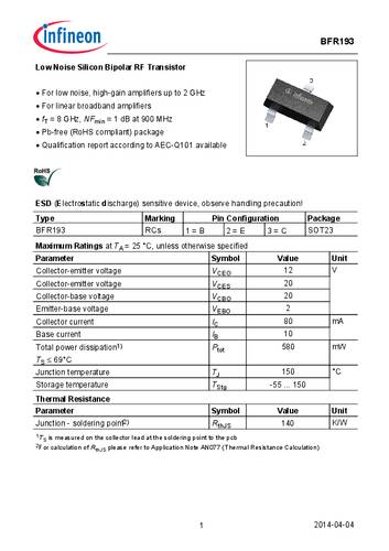 Infineon Technologies Transistor (BJT) - discreet BFR193E6327HTSA1 SOT-23 NPN Tape on Full reel