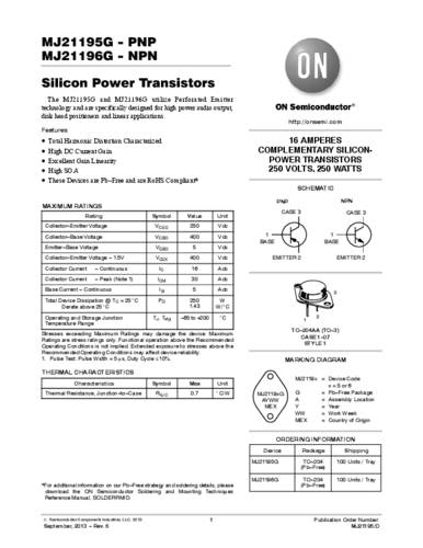ON Semiconductor Transistor (BJT) - discreet MJ21196G TO-204AA NPN Tray