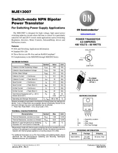 onsemiconductor ON Semiconductor Transistor (BJT) - discreet MJE13007G TO-220 NPN Tube