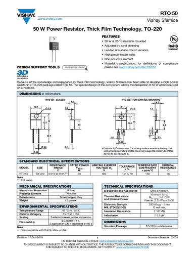 Vishay RTO050F4R700JTE1 Vermogensweerstand 4.7 Ω THT TO 220 50 W 5 % 1 stuk(s) Tube
