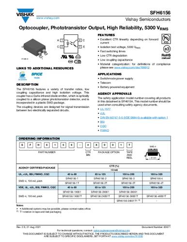 Vishay Optokoppler Phototransistor SFH6156-2T SMD-4 Transistor Tape on Full reel